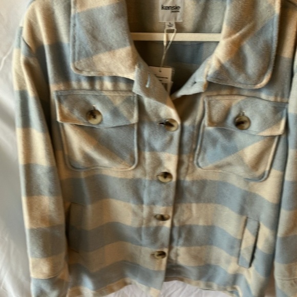NWT: Kensie Jeans blue/cream SHACKET oversized plaid button up-pockets~size L - Picture 10 of 13